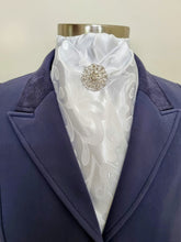 Load image into Gallery viewer, ERA DEB STOCK TIE - White jacquard with soft pleat and silver brooch
