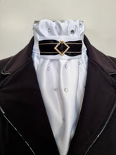 Load image into Gallery viewer, ERA EURO AMORE' STOCK TIE – White satin, black & gold trim with gold crystal diamond and scattered crystals