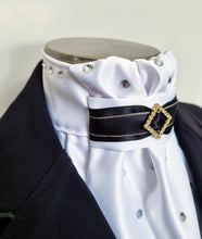 Load image into Gallery viewer, ERA EURO AMORE&#39; STOCK TIE – White satin, black &amp; gold trim with gold crystal diamond and scattered crystals
