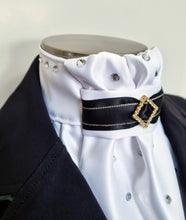 Load image into Gallery viewer, ERA EURO AMORE' STOCK TIE – White satin, black & gold trim with gold crystal diamond and scattered crystals