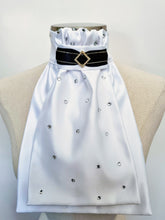 Load image into Gallery viewer, ERA EURO AMORE&#39; STOCK TIE – White satin, black &amp; gold trim with gold crystal diamond and scattered crystals
