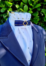 Load image into Gallery viewer, ERA EURO AMORE' STOCK TIE – White satin, navy & gold trim with gold crystal diamond and scattered crystals