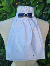 Load image into Gallery viewer, ERA EURO AMORE' STOCK TIE – White satin, navy & gold trim with gold crystal diamond and scattered crystals