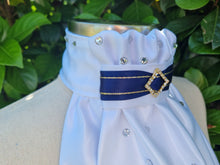 Load image into Gallery viewer, ERA EURO AMORE' STOCK TIE – White satin, navy & gold trim with gold crystal diamond and scattered crystals