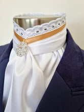 Load image into Gallery viewer, ERA EURO BELLE Stock Tie - White lustre satin with Gold trim, lace frill and brooch
