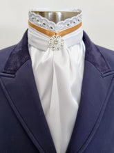 Load image into Gallery viewer, ERA EURO BELLE Stock Tie - White lustre satin with Gold trim, lace frill and brooch