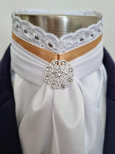 Load image into Gallery viewer, ERA EURO BELLE Stock Tie - White lustre satin with Gold trim, lace frill and brooch