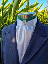 Load image into Gallery viewer, EURO BELLE STOCK TIE - White lustre satin with green lace trim & brooch