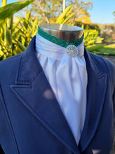 Load image into Gallery viewer, EURO BELLE STOCK TIE - White lustre satin with green lace trim & brooch