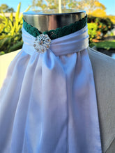 Load image into Gallery viewer, EURO BELLE STOCK TIE - White lustre satin with green lace trim & brooch
