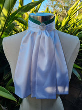 Load image into Gallery viewer, EURO BELLE STOCK TIE - White lustre satin with green lace trim & brooch