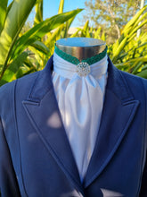 Load image into Gallery viewer, EURO BELLE STOCK TIE - White lustre satin with green lace trim & brooch