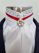 Load image into Gallery viewer, EURO BELLE STOCK TIE - White lustre satin with Red ribbon & lace trim and brooch