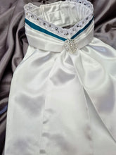 Load image into Gallery viewer, ERA EURO BELLE with CRYSTALS Stock Tie - White lustre satin with Teal trim, lace frill, crystal trim and brooch