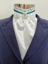 Load image into Gallery viewer, ERA EURO BELLE with CRYSTALS Stock Tie - White lustre satin with Teal trim, lace frill, crystal trim and brooch