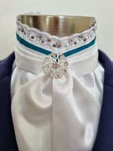 Load image into Gallery viewer, ERA EURO BELLE with CRYSTALS Stock Tie - White lustre satin with Teal trim, lace frill, crystal trim and brooch