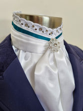 Load image into Gallery viewer, ERA EURO BELLE with CRYSTALS Stock Tie - White lustre satin with Teal trim, lace frill, crystal trim and brooch