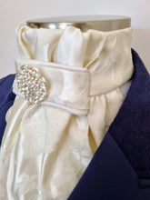Load image into Gallery viewer, ERA EURO CHARLOTTE STOCK TIE - Cream satin brocade, cream piping and silver brooch