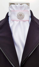 Load image into Gallery viewer, ERA EURO CHARIZE STOCK TIE - White satin, pale pink piping and silver brooch