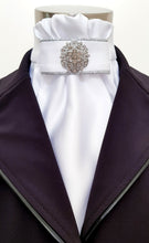 Load image into Gallery viewer, ERA EURO CHARIZE STOCK TIE - White satin, silver piping and silver brooch