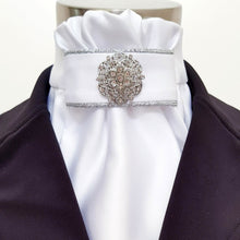 Load image into Gallery viewer, ERA EURO CHARIZE STOCK TIE - White satin, silver piping and silver brooch