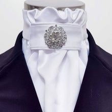 Load image into Gallery viewer, ERA EURO CHARIZE STOCK TIE - White satin, white piping and silver brooch