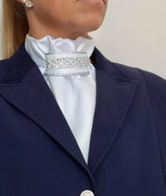 Load image into Gallery viewer, ERA EURO REGAL STOCK TIE - White satin, silver piping, crystal and pearl trim