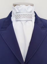 Load image into Gallery viewer, ERA EURO REGAL STOCK TIE - White satin, silver piping, crystal and pearl trim