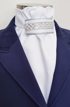 Load image into Gallery viewer, ERA EURO REGAL STOCK TIE - White satin, silver piping, crystal and pearl trim