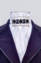 Load image into Gallery viewer, ERA EURO REGAL STOCK TIE - White satin, gold piping, black trim and gold crystal diamonds