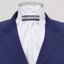 Load image into Gallery viewer, ERA EURO REGAL STOCK TIE - White satin, navy trim with pearl and crystal trim