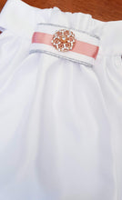 Load image into Gallery viewer, ERA EURO REGAL STOCK TIE - White satin, silver piping, rose gold trim and rose gold brooch