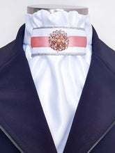 Load image into Gallery viewer, ERA EURO REGAL STOCK TIE - White satin, silver piping, rose gold trim and rose gold brooch
