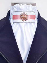 Load image into Gallery viewer, ERA EURO REGAL STOCK TIE - White satin, silver piping, rose gold trim and rose gold brooch