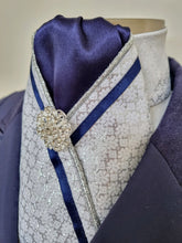 Load image into Gallery viewer, ERA FIONA STOCK TIE - Silver brocade with navy, metallic silver piping, navy trim and brooch