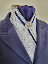 Load image into Gallery viewer, ERA FIONA STOCK TIE - Silver brocade with navy, metallic silver piping, navy trim and brooch