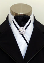 Load image into Gallery viewer, ERA FIONA STOCK TIE - White satin with trim and brooch - 5 colours - Navy, red, burgundy, black