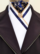 Load image into Gallery viewer, ERA FIONA STOCK TIE - White satin, navy and gold brocade, gold piping, navy trim and brooch