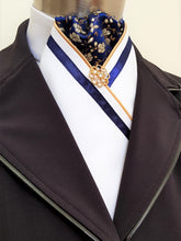 Load image into Gallery viewer, ERA FIONA STOCK TIE - White satin, navy and gold brocade, gold piping, navy trim and brooch