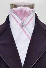 Load image into Gallery viewer, ERA FIONA STOCK TIE - White satin with trim and brooch - 5 colours - Navy, red, burgundy, black
