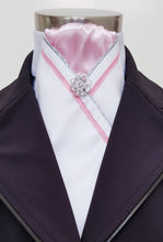 Load image into Gallery viewer, ERA FIONA STOCK TIE - White satin with trim and brooch - 5 colours - Navy, red, burgundy, black