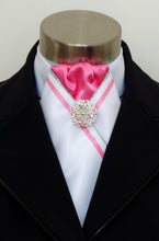 Load image into Gallery viewer, ERA FIONA STOCK TIE - White satin with trim and brooch - 5 colours - Navy, red, burgundy, black