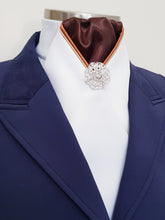 Load image into Gallery viewer, ERA HARLEY STOCK TIE - White satin, brown, tan and gold "V" piping and brooch