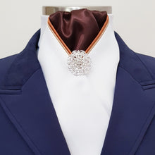 Load image into Gallery viewer, ERA HARLEY STOCK TIE - White satin, brown, tan and gold "V" piping and brooch