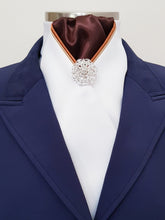 Load image into Gallery viewer, ERA HARLEY STOCK TIE - White satin, brown, tan and gold "V" piping and brooch