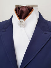 Load image into Gallery viewer, ERA HARLEY STOCK TIE - White satin, brown, tan and gold "V" piping and brooch