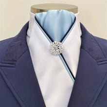 Load image into Gallery viewer, ERA HARLEY STOCK TIE - White satin, pale blue, navy and pale blue piping and silver brooch