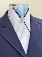 Load image into Gallery viewer, ERA HARLEY STOCK TIE - White satin, pale blue, navy and pale blue piping and silver brooch