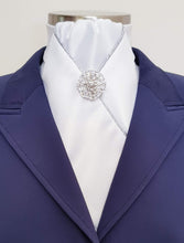 Load image into Gallery viewer, ERA HARLEY STOCK TIE - White satin, silver metallic piping and brooch