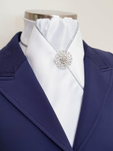 Load image into Gallery viewer, ERA HARLEY STOCK TIE - White satin, silver metallic piping and brooch